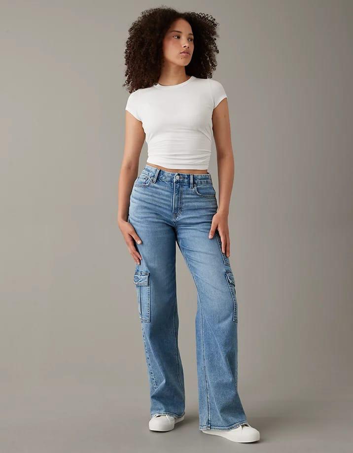 Wide leg denim cargo
