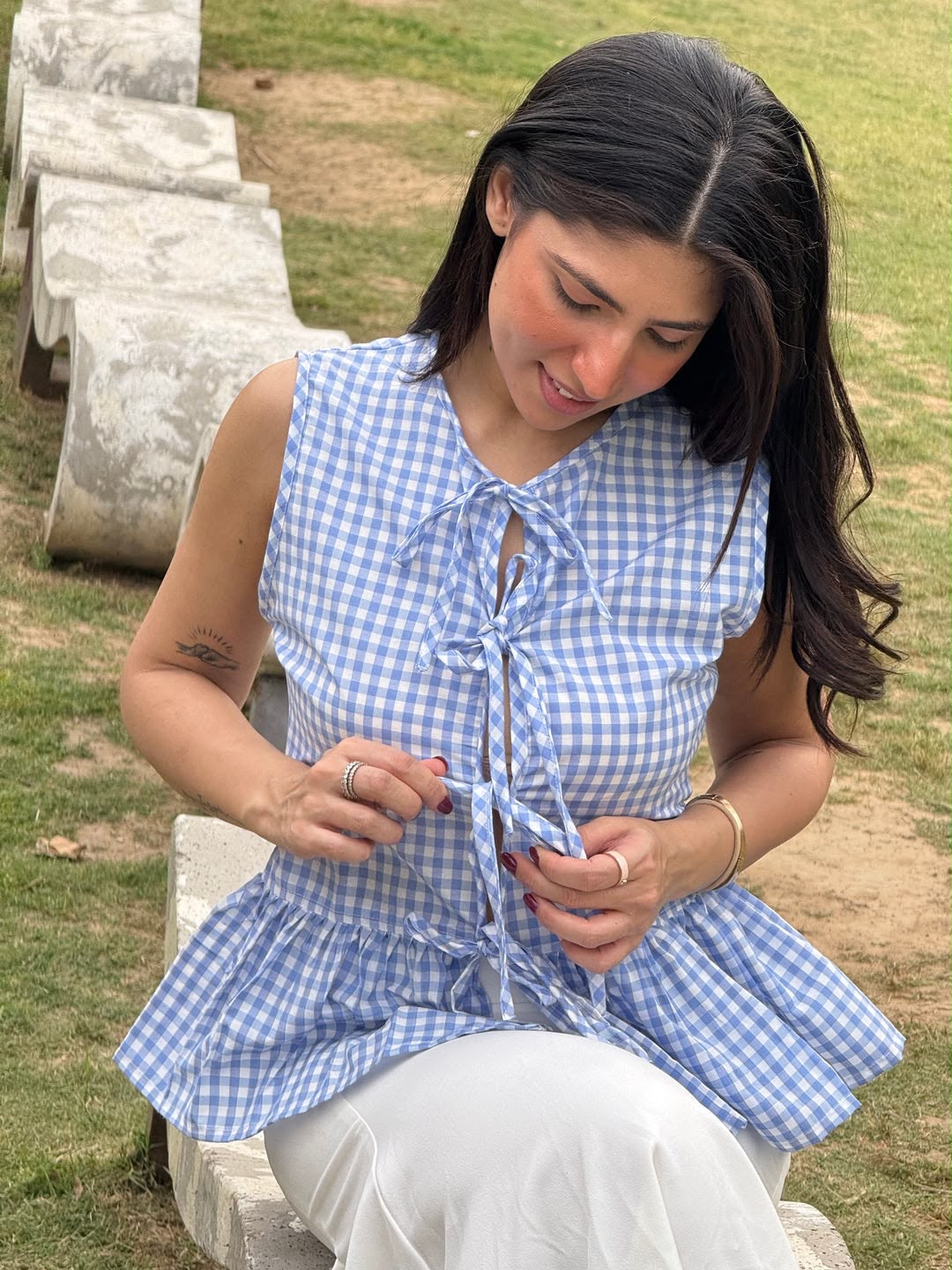 Gingham Blue Bow Top