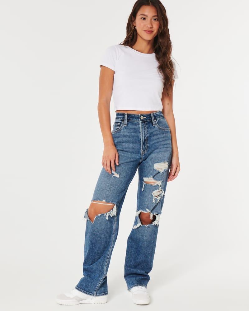 High Rise Straight Ripped Denim