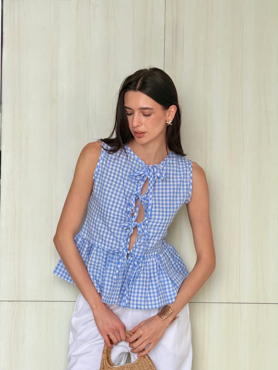 Gingham Blue Bow Top
