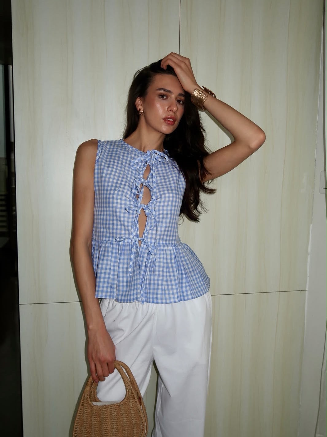Gingham Blue Bow Top