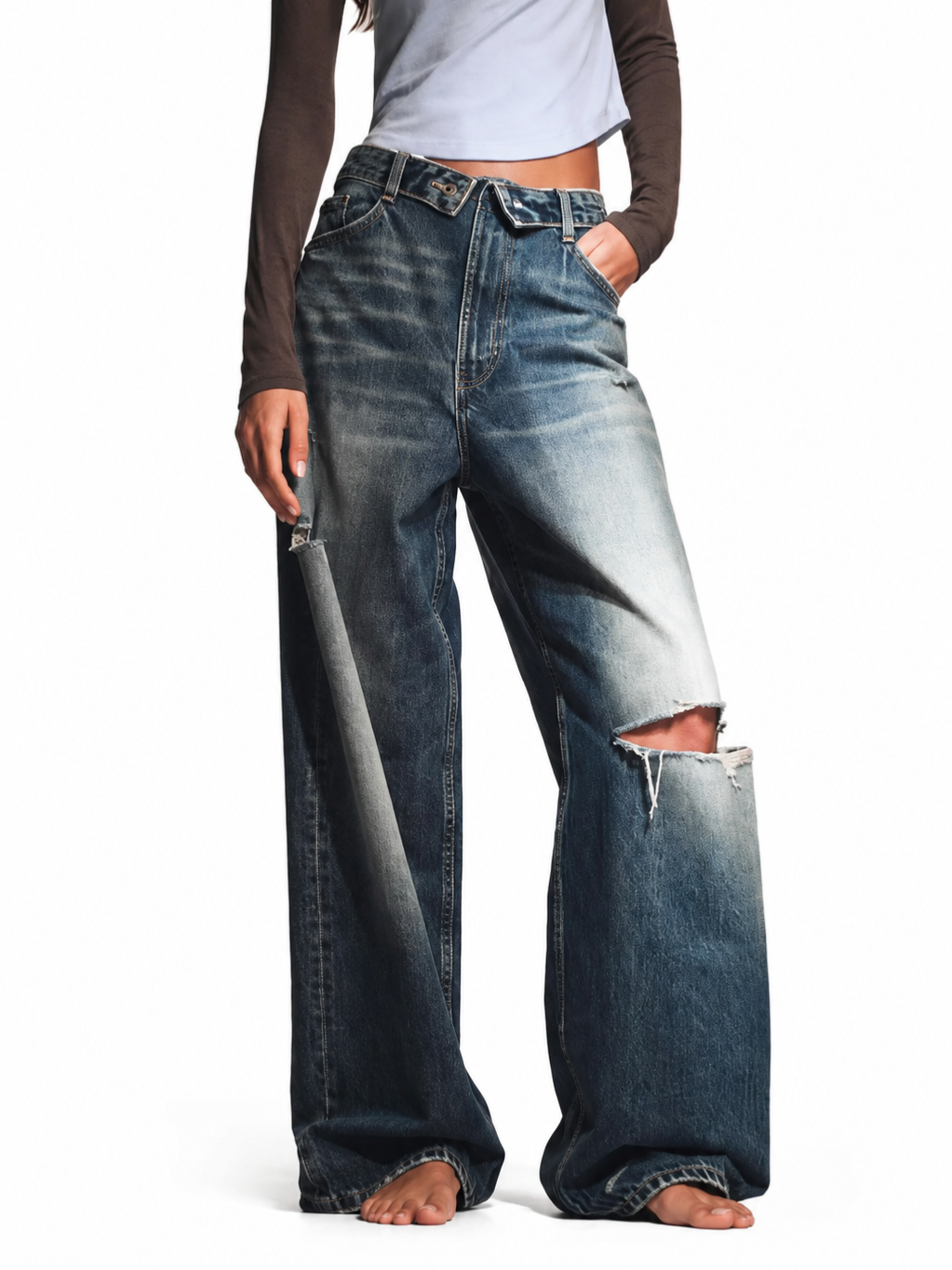 Folded Waist Ripped Denim