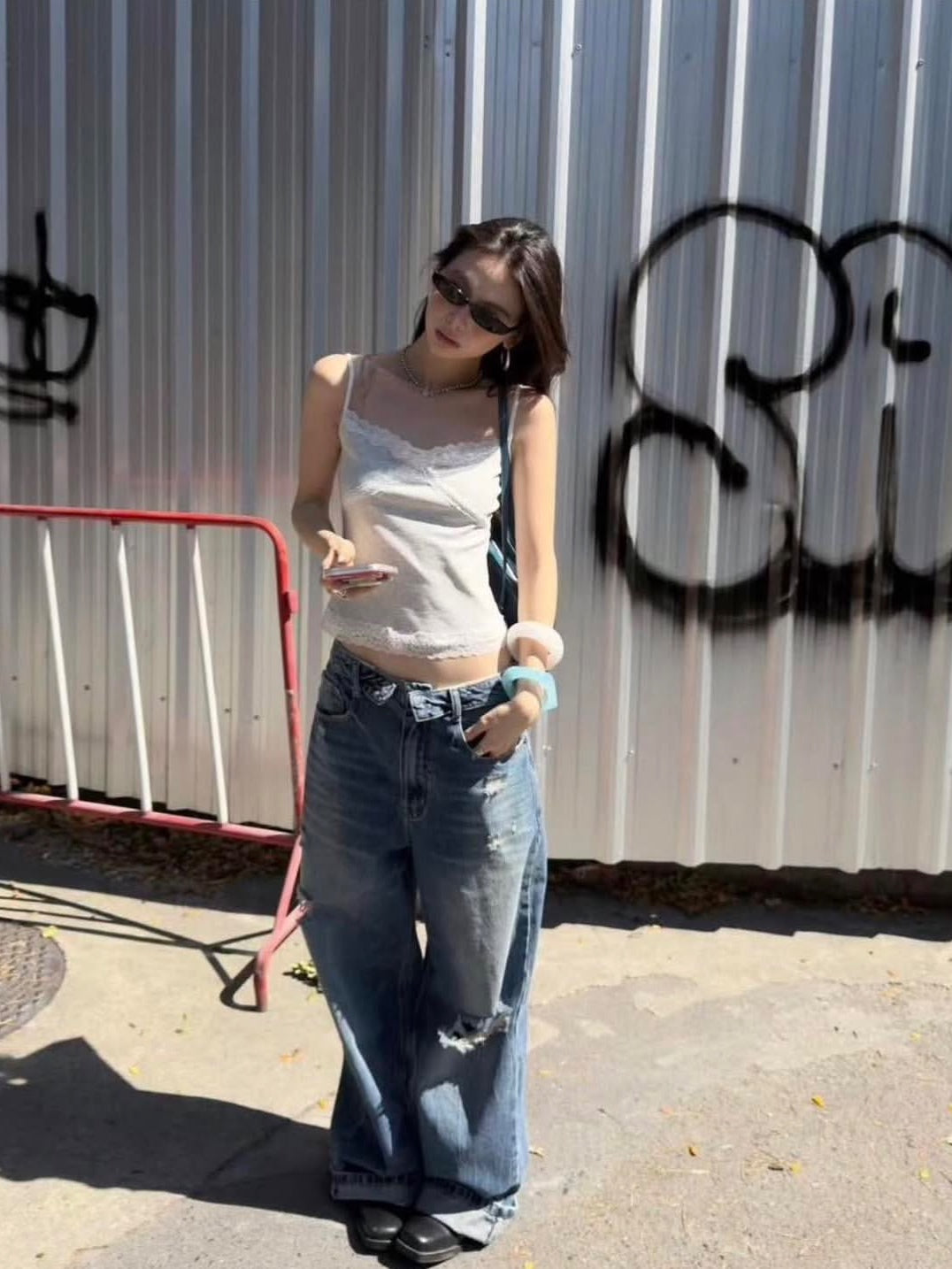 Folded Waist Ripped Denim