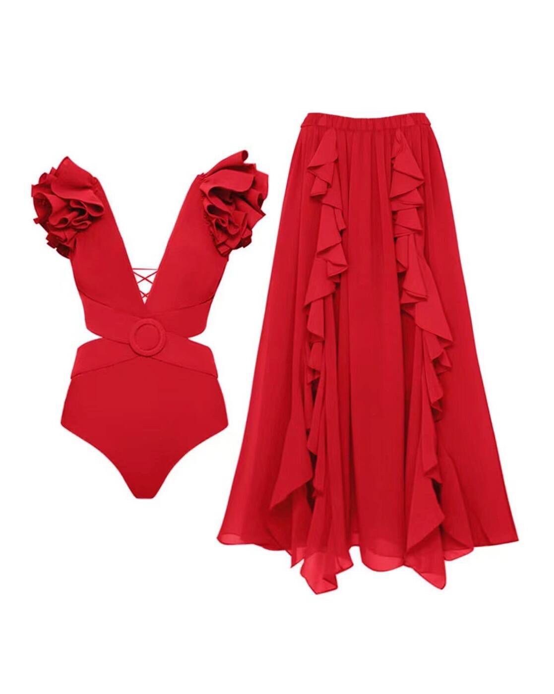 Red Ruffle Beachwear