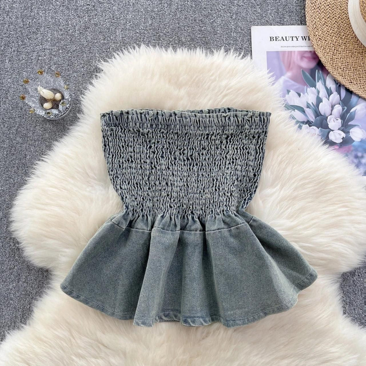 Denim Peplum Tube Top