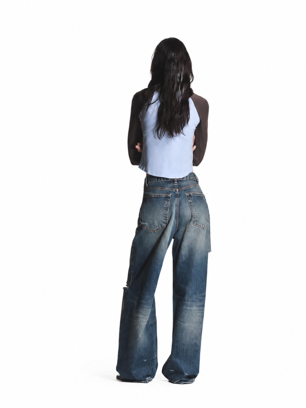 Folded Waist Ripped Denim