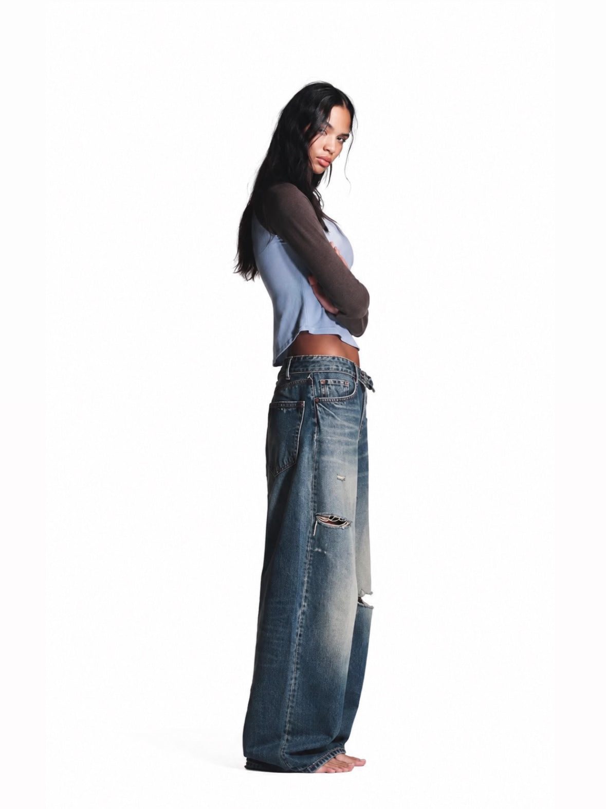 Folded Waist Ripped Denim