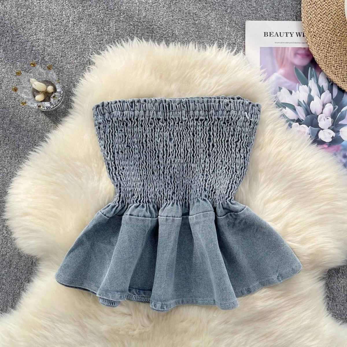 Denim Peplum Tube Top