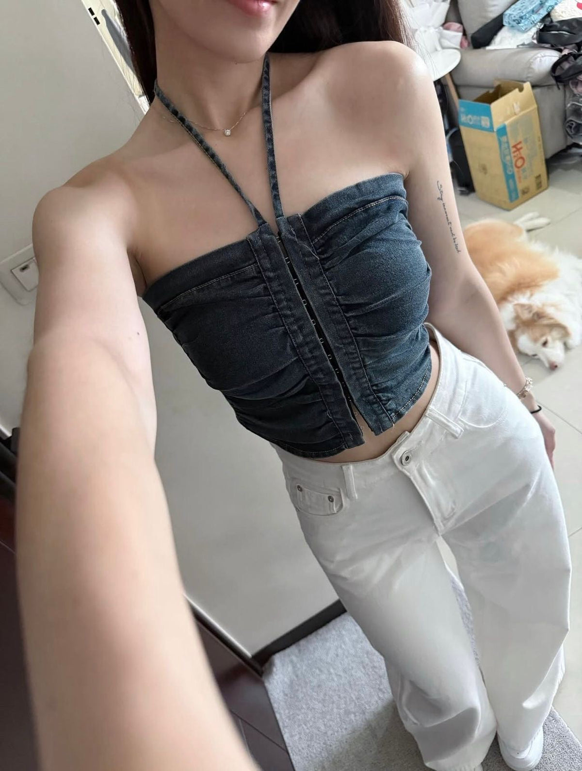 Ruched Denim Top