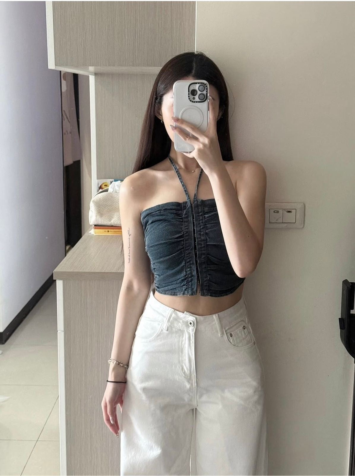 Ruched Denim Top